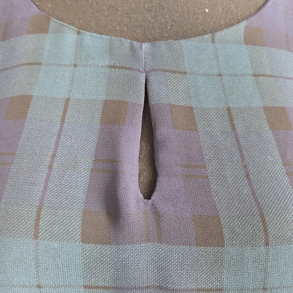 Cleo Blue and Green Plaid Blouse Keyhole Front And Sheer Sleeves With Cufffs Lrg - Picture 6 of 7